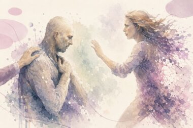 Statue figée se transformant en forme fluide au contact d’une main, illustrant le passage de l’immobilité traumatique au mouvement relationnel.