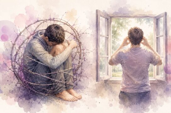 Personnage enfermé dans un cercle de ronces face à une fenêtre ouverte, symbolisant le passage d’une boucle traumatique à une ouverture sensorielle.