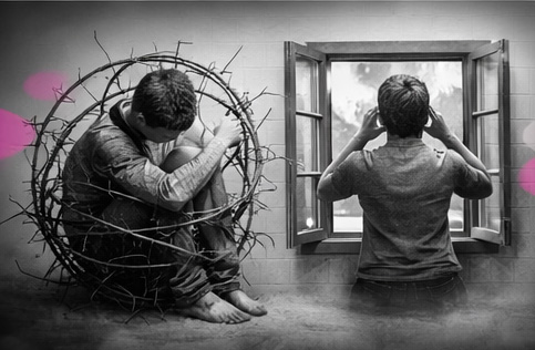 Personnage enfermé dans un cercle de ronces face à une fenêtre ouverte, symbolisant le passage d’une boucle traumatique à une ouverture sensorielle.