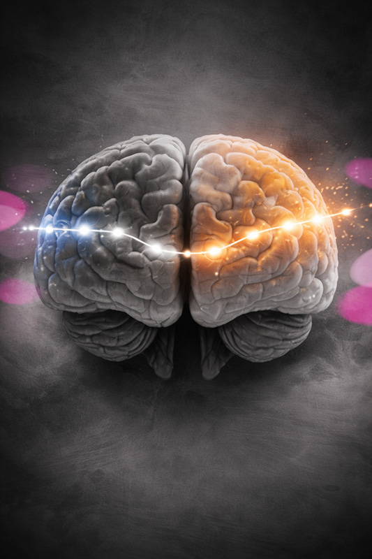 Cerveau stylisé vu de dessus avec impulsions lumineuses alternées entre les deux hémisphères, représentant la stimulation bilatérale en HTSMA.