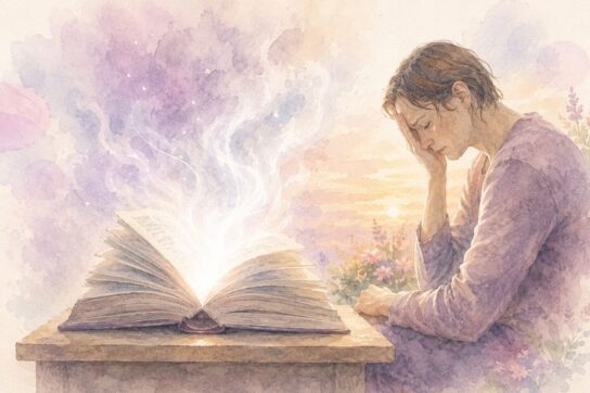 Personne fatiguée devant un livre ouvert dont s’échappe une brume lumineuse, symbolisant l’allègement du stress et l’ouverture à une compréhension apaisée.