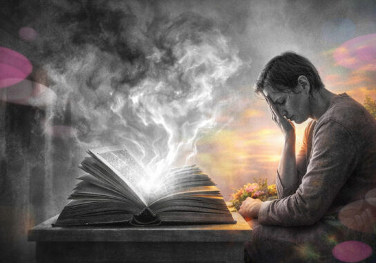 Personne fatiguée devant un livre ouvert dont s’échappe une brume lumineuse, symbolisant l’allègement du stress et l’ouverture à une compréhension apaisée.
