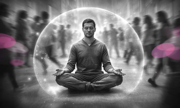 Personne assise calmement au milieu d’une foule floue et en mouvement, illustrant une présence stable et ancrée dans un environnement sur-sollicité.