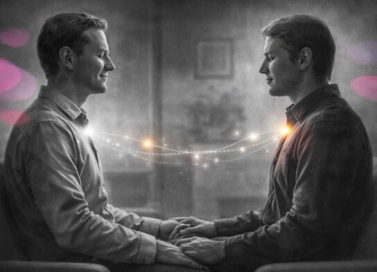 Thérapeute et patient assis face à face, postures stables, reliés par une lumière douce symbolisant l’accordage corporel et relationnel.