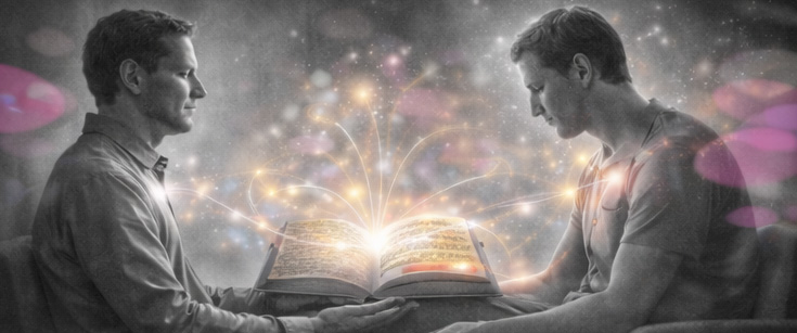 Thérapeute et patient en séance, le corps du patient figuré comme une mémoire vivante qui s’ouvre dans la relation thérapeutique.