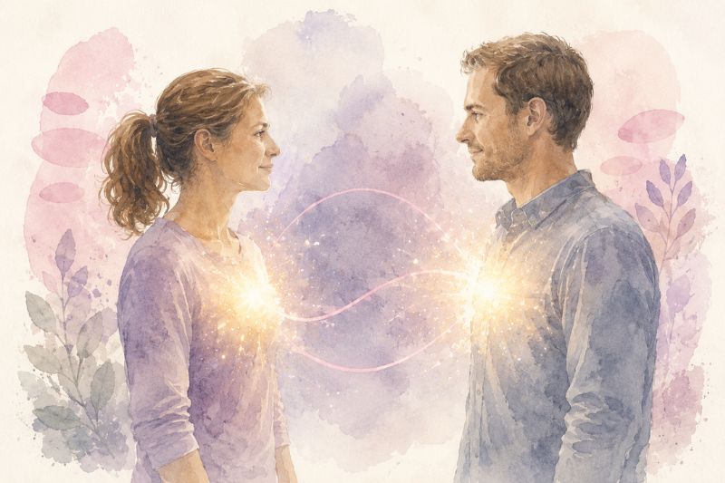 Thérapeute et patiente se faisant face en séance, posture calme et regard ajusté, la patiente présentant une transformation corporelle visible et apaisée.