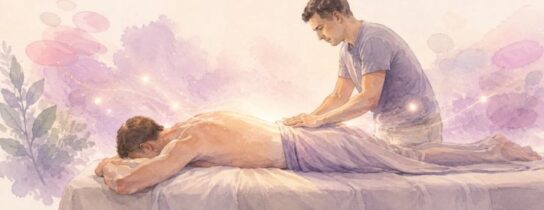 Masseur ancré au sol réalisant un geste lent et enveloppant, symbolisant un mouvement contenant et sécurisant partagé à deux.