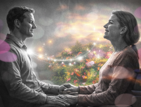 Thérapeute observant une paroi de glace se transformer en courant fluide, symbolisant l’intégration et la levée des blocages psychosomatiques.