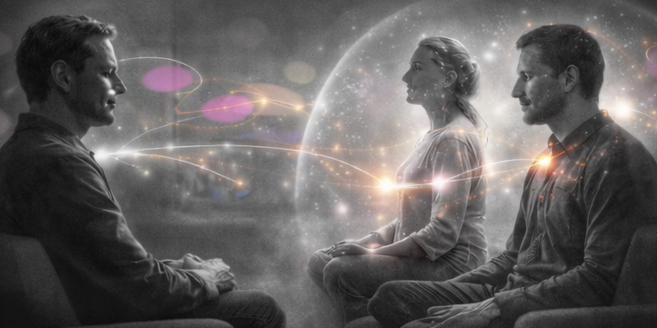 Thérapeute et patient assis face à face en consultation, reliés par des flux lumineux symbolisant les interactions corporelles et relationnelles en HTSMA.