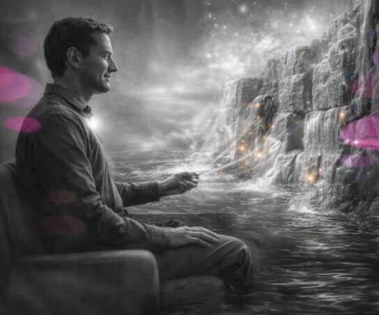 Thérapeute face à une paroi de glace en train de fondre, symbolisant la transformation de blocages anciens et le réaccordage du corps et de l’esprit. démontration d'HTSMA TLMR