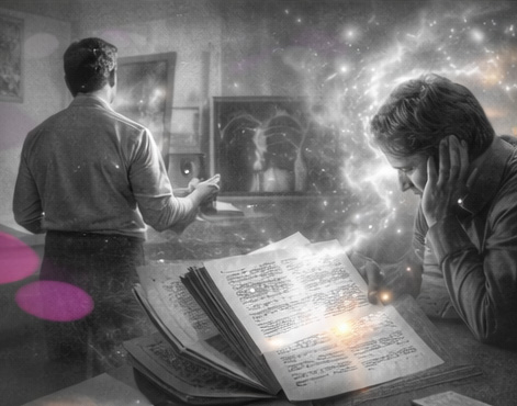 Thérapeute et patient enveloppés dans une bulle lumineuse, reliés par des flux subtils, représentant la transe et l’intersubjectivité en séance.