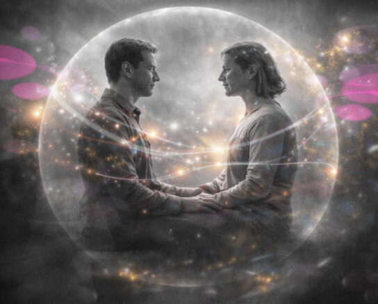 Thérapeute et patient enveloppés dans une bulle lumineuse, reliés par des flux subtils, représentant la transe et l’intersubjectivité en séance.