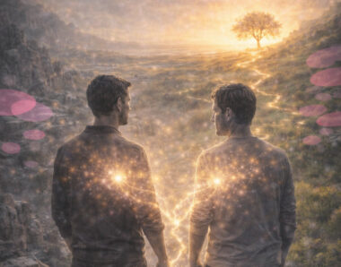 Thérapeute et patient debout côte à côte, tournés vers un paysage ouvert, symbolisant un apprentissage partagé de l’autonomie relationnelle.