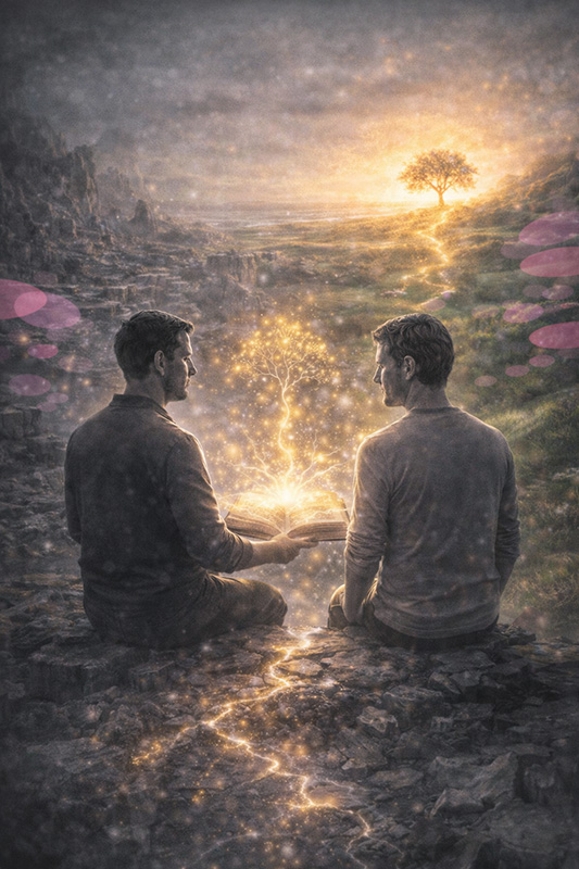 Thérapeute et patient assis côte à côte observant un paysage en transformation, un livre ouvert entre eux symbolisant la co-construction d’une nouvelle histoire de vie.