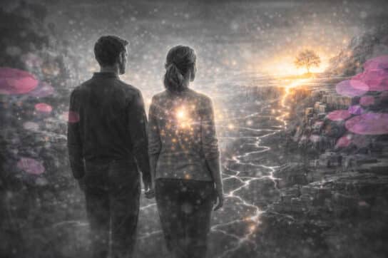 Deux figures en relation reliées par un flux évolutif, symbolisant le passage de l’HTSMA à la TLMR.