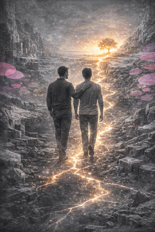 Thérapeute et patient marchant côte à côte dans un paysage figé, accompagnés sur un chemin lumineux symbolisant une sortie progressive de l’enfermement relationnel.