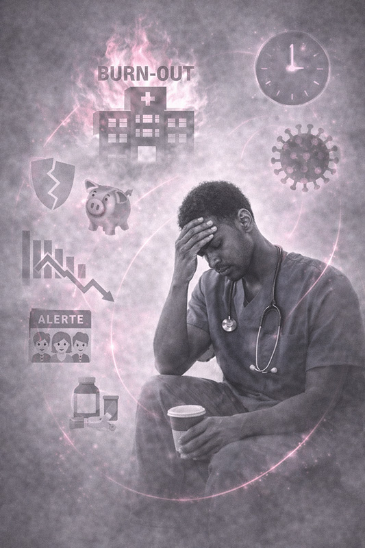 Soignant épuisé assis, entouré de pictogrammes et du mot « burn-out » évoquant fatigue, stress et anxiété.
