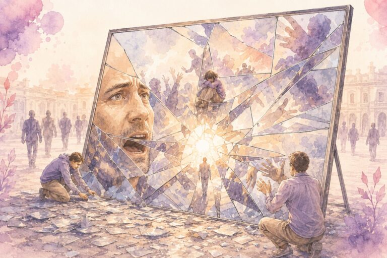 Miroir brisé reflétant plusieurs visages et gestes, dont des personnes sculptant de nouvelles formes avec les éclats.