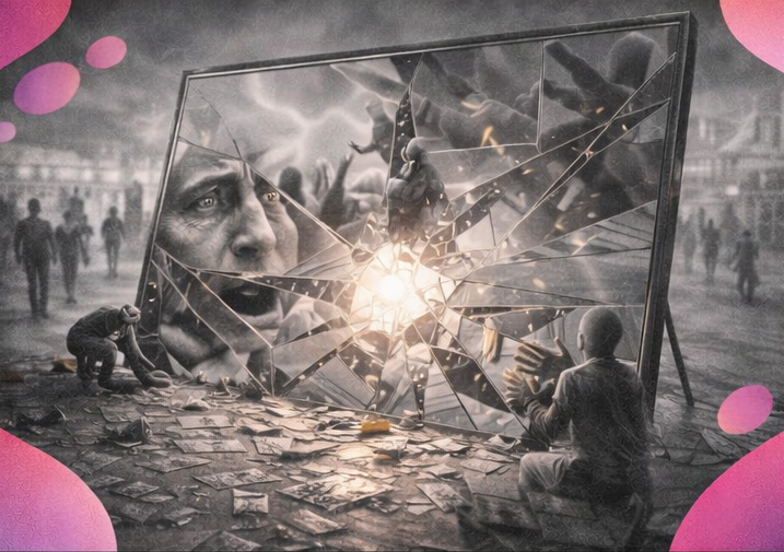 Miroir brisé reflétant plusieurs visages et gestes, dont des personnes sculptant de nouvelles formes avec les éclats.