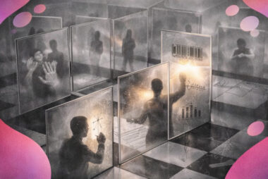 Silhouettes humaines séparées par des cloisons en verre dépoli sur un échiquier, certaines communiquant à travers les vitres, d’autres remplacées par des codes-barres.