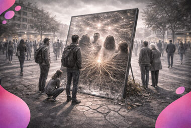 Miroir placé au centre d’un carrefour reflétant les passants ainsi qu’un réseau lumineux de racines et de liens entre les personnes.