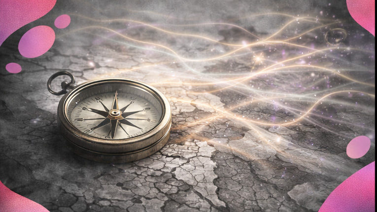Boussole ancienne posée sur une carte dont les frontières s’effacent, remplacées par des courants de lumière représentant les liens humains.