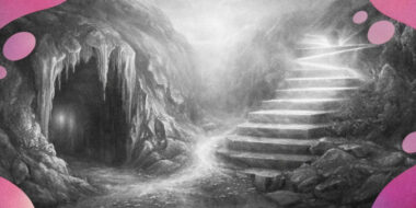Carrefour symbolique entre une grotte glacée et un escalier de lumière sculpté dans le vide.