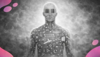 Silhouette humaine transparente remplie de symboles mathématiques, le visage remplacé par un code-barres pour illustrer la crise sanitaire