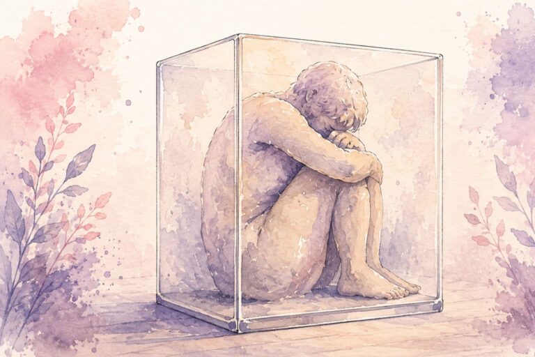 Statue de glace recroquevillée enfermée dans un cube de verre opaque, symbole de la peur qui isole.