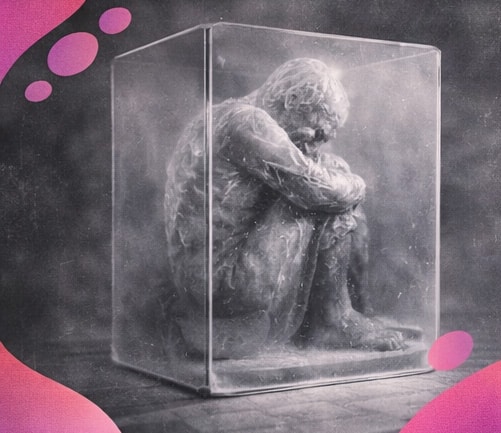 Statue de glace recroquevillée enfermée dans un cube de verre opaque, symbole de la peur qui isole.
