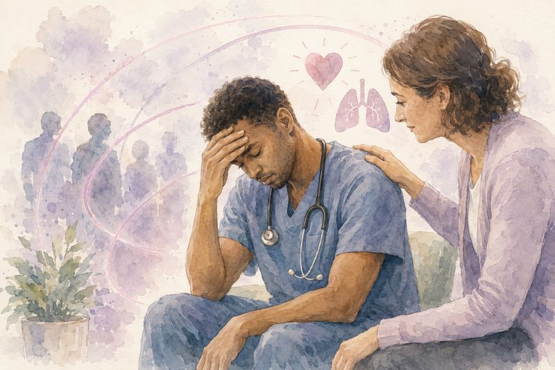 Soignant épuisé assis, soutenu par une personne posant une main sur son épaule, avec touches roses.