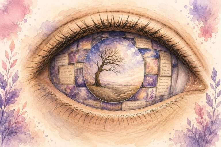 Œil dont l’iris est composé d’écrans et de journaux, avec une pupille montrant un arbre réel battu par le vent.