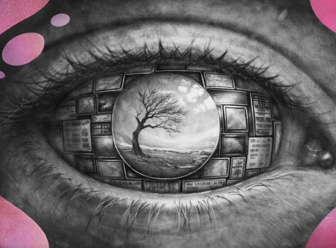 Œil dont l’iris est composé d’écrans et de journaux, avec une pupille montrant un arbre réel battu par le vent.