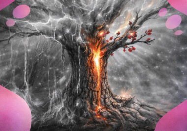 Arbre dont les branches sont figées dans la glace tandis que des bourgeons rouges émergent des fissures de l’écorce.