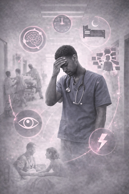 Soignant épuisé dans un couloir d’hôpital, entouré de pictogrammes évoquant stress, sommeil perturbé et vigilance.