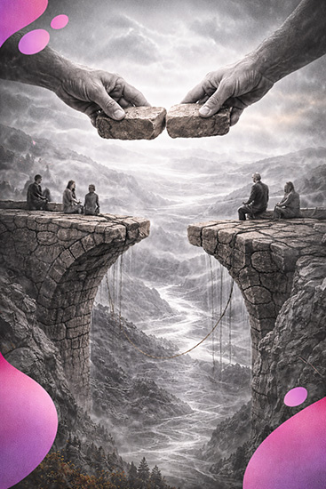 Pont de pierre en construction au-dessus d’un gouffre, chaque pierre posée par deux mains se rencontrant.