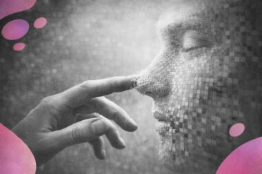 Main humaine tentant de toucher un visage pixelisé qui se désagrège au contact illustrant les représentations culturelles