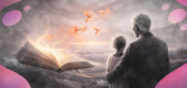 Pages d’un vieux livre se transformant en oiseaux lumineux, observés par un enfant et un vieillard.