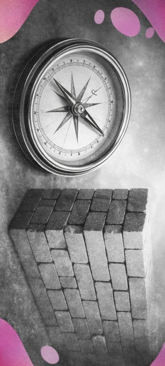 Boussole en mouvement face à un mur de briques infranchissable, accents Mimethys.