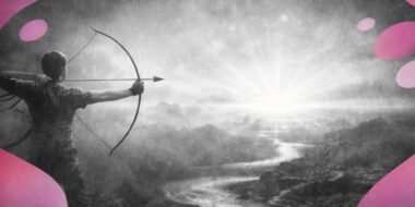 Archer visant une lumière à l’horizon, cordes anciennes qui se dissolvent.