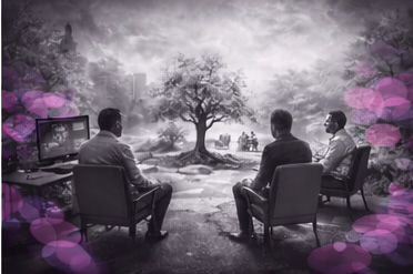 Un patient face à des courbes numériques d’un côté et un espace symbolique ouvert de l’autre, en noir et blanc avec touches rose et violet. La symbolique