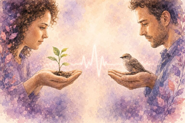 Deux personnes face à face tenant une jeune plante et un oiseau, reliés par une onde lumineuse, en noir et blanc avec touches rose et violet.