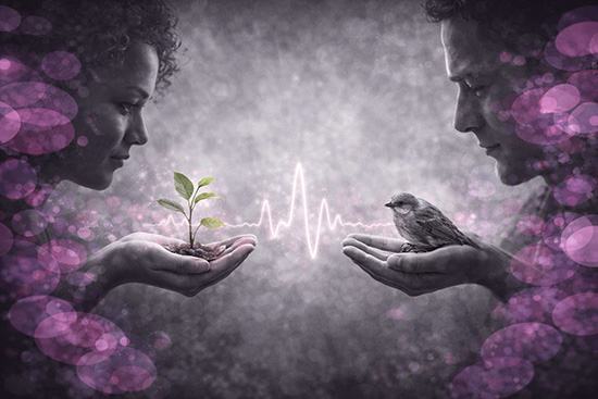 Deux personnes face à face tenant une jeune plante et un oiseau, reliés par une onde lumineuse, en noir et blanc avec touches rose et violet.