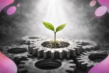 Petite pousse fragile émergeant au-dessus d’engrenages métalliques, avec accents Mimethys.