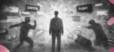 Personnage immobile entouré de messages violents et d’ombres de lutte, fuite et soumission.