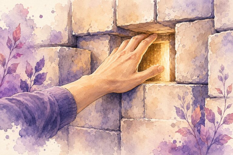 Main humaine traversant un mur de blocs symbolisant le contrôle social, avec accents rose et violet Mimethys.