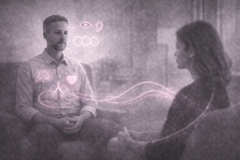 Thérapeute et patiente en séance, avec touches roses évoquant conscience corporelle, souffle et lien relationnel.