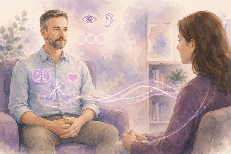 Thérapeute et patiente en séance, avec touches roses évoquant conscience corporelle, souffle et lien relationnel.