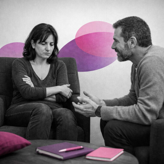 Séance clinique entre une patiente adulte et un thérapeute illustrant la Thérapie du Lien et des Mondes Relationnels dans l’accompagnement du trauma complexe.