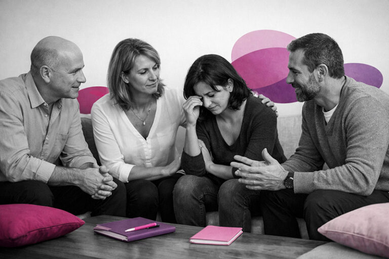 Professionnels de santé en interaction clinique soutenante, illustrant la Thérapie du Lien et des Mondes Relationnels dans l’accompagnement du trauma complexe.